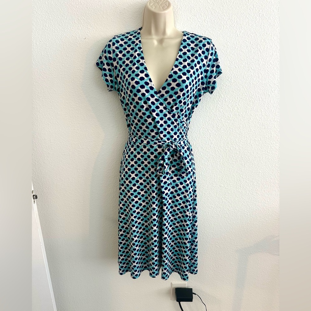 Leota Womens S Blue Teal Dot Wrap Dress Short Sleeve V-Neck Stretch Tie Waist‎